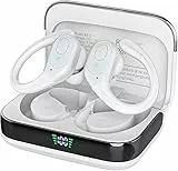 sajawass Bluetooth-Kopfhörer, kabellose Ohrhörer mit 75 Stunden Wiedergabe, LED-Anzeige, Ladehülle, IPX7 wasserdicht, Over-Ear-Design, Ohrstöpsel für Sport/Laufen/Workout – Weiß