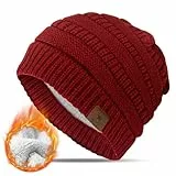 KEECOW Damen Beanie Mütze, Damen Cuffed Beanie Mütze Unisex Weiche Warme Strickmütze für Ski Sport Outdoor(Rot)