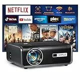 Smart Beamer【Netflix Official/Autofokus Trapezkorrektur】 Full HD 1080P 30000L Beamer 4K Unterstütz, VOPLLS WIFI6 Bluetooth Heimkino Video/Outdoor Projektor für Android/Handy Projektor mit Stativ