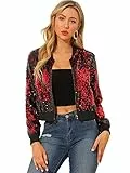 Allegra K Damen Bomberjacke Langarm Glitzer Pailletten Party Jacke Rot S