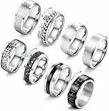 JeryWe 8 Stück Fidget Ring Herren Eheringe Verlobungsring Edelstahl Spinner Ring, Keltischer Knoten, Kette Ringe, Herrenring Set für Männer, Band Herrenringe - Schwarzer/Silber Größe 60, 8 mm