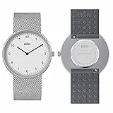 Braun 2-Zeiger-Quarz-Analoguhr, weißes Zifferblatt und Edelstahl-Mesh-Armband mit zusätzlichem grauem Silikon-Kautschukarmband, Schnellverschluss-Federstege, 38 mm, Modell BN0281WHMHGYG.
