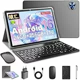 MENTUME Android 16 Tablet 10 Zoll mit Gemini AI, Tablet mit Tastatur, Maus & Stylus, Octa-Core, 24 GB RAM + 256 GB ROM + 1 TB TF, 1920x1200 HD Display, 8MP + 13MP Kamera, 6000 mAh (Grau + Grau Hülle)