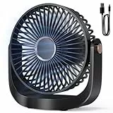 AICPAN Ventilator Leise - Tischventilator mit Nachtlicht，3000mAh USB Wiederaufladbarer Kleiner Ventilator, 5 Geschwindigkeiten, 360° verstellbare Neigung für Büro Schlafzimmer Zuhause, Schwarz