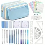 OPPZZIT 30 Stück Aesthetic Schreibwaren Set für Kinder & Teenager Mädchen, Blauem Federmäppchen mit 5 Gelstiften, 4 Textmarkern, 3 Druckbleistiften, Schreibwaren Set & Kawaii Schulbedarf Mädchen