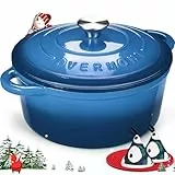 Overmont Schmortopf Gusseisen Topf 26cm - Emaille Bräter mit Deckel backofengeeignet - mit Kochbuch - für Küche Backen Schmoren Braten Blau