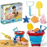 Sandspielzeug Set für Kinder,zusammenklappbarer Silikoneimer mit Schaufel, Rechen,Sandförmchen und Netztasche,Outdoor Spielzeug für Strand und Sandkasten,für Kinder von 3–10 Jahren