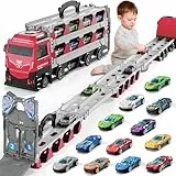 Doloowee Katapulttriebwagen für Kinder Ab 3 Jahre - Tragbare Transport LKW Mit 12 Mini-Rennwagen, Autotransporter für Jungen 3-7 Jahre (Rot)