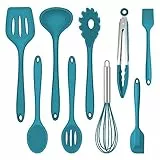 Küchenhelfer Set, Joyfair 9 Stück Silikon Küchenutensilien, Hitzebeständiges Kochutensilien Kochgeschirr Set mit Pfannenwender Schneebesen Grillzange, Antihaft Kochbesteck zum Kochen & Backen-Blau