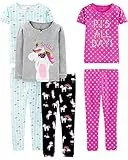 Simple Joys by Carter's Mädchen 6-Piece Snug Fit Cotton Pajama Set Pyjamaset, Blau Schildkröte/Grau Meliert/Rosa Tupfen/Schwarz Einhorn, 3 Jahre (3er Pack)