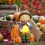 TERESA'S COLLECTIONS Herbstdeko Outdoor,Gartendeko für Draußen, Vogelscheuche Wetterfest Figur, Herbst Dekoration mit Solarleuchte,Vogelscheuche mit LED Kürbis Solar,Geschenke für Frauen 16cm