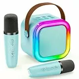 IROO Karaoke Maschine Kinder Mini Karaoke Maschine mit 2 Mikrofonen, Mädchen Mikrofon Kinder Geschenke für Kinder Tragbarer Bluetooth-Lautsprecher mit Stimme wechselnde Effekte und LED-Lichter(Blau)