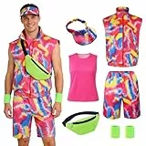 Carreuty 6 Stück 80er Jahre Outfit Herren,80er Jahre Kostüm Weste Sportjacke und Shorts Sonnenblenden Hut Bauchtasche Handgelenkbänder 80er Jahre Accessoires für Karneval Halloween Cosplay kleidung