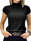 Saodimallsu Damen Pullover Kurzarm Sommer Strickpullover mit Stehkragen Einfarbig Slim Fit T-Shirt Oberteile Leicht Basic Strickshirts Schwarz S