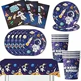 Bikasun Weltraum Kindergeburtstag Party Set Teller Becher Servietten Tischdecke in Raketenform Weltraum Deko Pappteller Astronauten Geschirr Kindergeburtstag Junge 10 Gäste