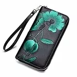 FORRICA Damen Geldbörse Leder Lange Brieftaschen Gross Rindleder Damengeldbörse Portemonnaie Frauen RFID Schutz Damen Reißverschluss Portmonee Grün