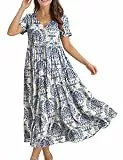 YESNO Damen Sommer Maxikleid Lässiges Swing Kleid im Boho-Stil mit Blumenmuster, kurzen Ärmeln, V-Ausschnitt, Taschen Ideal für Strand & Urlaub 3XL EVFDE CR425B