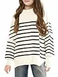 Haloumoning Pullover Mädchen Kinder Rundhals Oversized Strickpullover Herbst Winter Gestreifte Fledermausärmel Strickpulli, Weiß, 11-12 Jahre