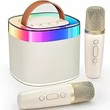 Ankuka Tragbare Karaoke-Maschine, Bluetooth Karaoke Lautsprecher mit 2 Mikrofon, Pickups und Party LED-Lichtern, Geschenke für Freunde,Beige