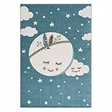 carpet city Kinderteppich Kinderzimmer Blau - 140x200 cm - Mond Sterne - Kinderzimmerteppiche Mädchen Jungen - Babyzimmer-Teppich - Spielteppich - Sternenteppich