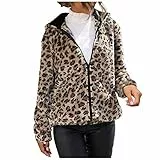 Komiseup Damen Leopard Zip Hoodie Kapuzenpullover Mode Sweatjacke Plüschjacke Herbst Winter Warm Fleecejacke Damen Elegant Langarm Kapuzenjacke Casual Jacke mit Taschen