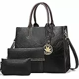 BestoU Damen Handtasche Schwarz Gross Leder Groß Tasche Umhängetasche Schultertasche Shopper Henkeltasche Set (Schwarz)