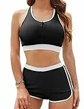 JASAMBAC Bikini Damen Set Push Up,Sport Badeanzug Damen Bauchweg,Vbikini Oberteil Und High Waist Badeshorts Badebekleidung Weiche Bademode Elastische Schwimmanzug Reißverschluss Bescheiden Bademode