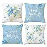 COZZSNUGE Frühling Blume Kissenbezüge 45 x 45 cm, Blumen Blätter Schmetterlinge Blau Samt Dekorative Kissenhülle Zierkissenbezüge für Sofa Wohnzimmer Zuhause 4er Set
