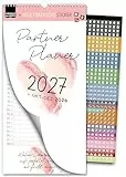 Spielefabrik® Familienkalender 2027 3 Spalten Paarkalender 16 x 32,5 cm LIEBE & HERZ Romantischer Planer für zwei mit Sprüchen Wandkalender 3 Spalten mit Liebes-Zitaten Partnerkalender Aquarell