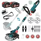 Akku Rasentrimmer mit Akku und Ladegerät, 21V Rasentrimmer für Makita Akku, Freischneider Akku - Inkl. 2 X 4.0Ah Batterie, Rasentrimmer mit Unkrautbürste, 90° Schwenkbarer Kopf, für Garten (Blau)
