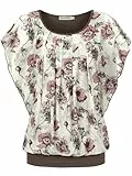BAISHENGGT Damen Sommer Netz Bluse Flatter Kurzarm Tshirt Rundkragen Falten Elegant Oberteile Top Blusen Kaffee-Aprikose Blumen XL