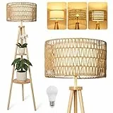 LuminexDesigns Tripod-Stehlampe aus Holz mit 2 Ablagen, Doppel-Lampenschirm aus Rattan & Stoff, Boho Stehleuchte im skandinavischen Stil, E27 Fußschalter, 154cm für Wohnzimmer Schlafzimmer WOVI FL03