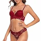 SHEKINI Damen BH Set BH Und String Spitze Trägerloser Abnehmbare Träger Push Up Bügel BH Unterwäsche Lingerie Tanga Dessous Sets(rot,34/75B)