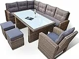 Ragnarök-Möbeldesign hohe Dining Lounge - DEUTSCHE Hersteller - 8 Jahre GARANTIE - EIGENE Produktion - PolyRattan Gartenmöbel Essgruppe Sessel Naturfarben Rundrattan Grau
