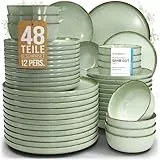 Steingut Geschirrset 12 Personen Rustic 48 tlg. TESTSIEGER, Hochwertiges Landhaussttil Steingut Geschirr Set, Schüssel- und Teller Set, Tafelservice 12 Personen, Geschirrsets Pure Living in Mintgrün