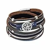 Flongo Damenarmband Frauen Armband Damen Lederarmband, Metall Leder Armband Armreif Geflochten Lederband Baum des Lebens Tree of Life Blau Braun Surfer Wickelarmband