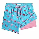 MaaMgic Herren Badehose mit Kompression Badeshorts 2 in 1|14cm Innenlänge Schnelltrocknend lässige Swim Shorts Kurz Boardshorts mit Innenhose Reißverschlusstasche XS-XXL,Hellblau Rosa Flamingo 5.5,L