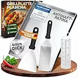Blumtal Set Plancha Grillplatte Edelstahl inkl. 2 Grillspachteln & Ölflasche - 30x40 cm Plancha Grill Set für perfekte Röstaromen - Grillmatte Gasgrill geeignet - Edelstahl Platte rostfrei & robust