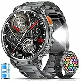 ESFOE Smartwatch Herren Militär mit 1000mAh Akku/LED-Licht,1,85” Großer Smartwatch mit Telefonfunktion,Fitnessuhr Sportuhr mit 5ATM Wasserdicht/130+ Sportmodi/Herz-/Schlaf/2 Armbändern für Android iOS