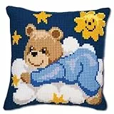 Vervaco Kreuzstich Stickpackungen Kissen Stickerei Set Anfänger Vorgedruckt Blauer Bär auf Wolke DIY Set Kreativ Set Für Erwachseneca. 40 x 40 cm Bastelset Handwerker Haus Dekoration