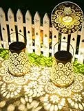 OUILA Solarlampen für Außen, 2 Stück Wetterfeste Metall Gartenleuchte mit IP65 Schutz, Dekorative Hängend Solarbeleuchtung für Balkon, Terrasse, Hof, Baum & Camping