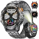 ESFOE Smartwatch Herren Militär mit LED Taschenlampe,1.43' AMOLED Always-On Display/5ATM Wasserdicht/500mAh/2 Armbänders,110+Sportmodi Outdoor Fitnessuhr Smartwatch mit Telefonfunktion