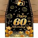 Tischläufer 60 Geburtstag Schwarz Gold Happy 60th Birthday Tischband zum 60. Geburtstag Mann und Frau Ihr Geburtstag Jahrestag Feier Party Dinner Tischdeko Tischdecke Deko für Zuhause 180x35cm