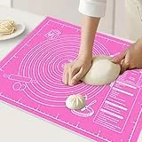 Große Antihafte Backmatte/Backunterlage Silikon Rutschfeste Teigmatte 60x47 cm Ausrollmatte Silikonmatte Backfolie Backpapier Arbeitsmatte mit Messung für Fondant Pizza Brot Matte (Rosa, 60X47CM)