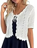 Kate Kasin Damen Eleganter Kurzärmliger Cardigan mit V Ausschnitt Einfarbiger Pullover mit Hohler Textur Weiß 2XL