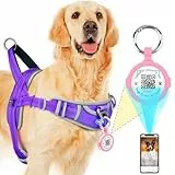 ThinkPet Hundegeschirr für große Hunde ohne Zug mit QR Code， AirTags Holder Smart ID Tags, verstellbar, reflektierend und atmungsaktiv, mit Front-Clip Griff für die Ausbildung XXL Licht Pruple