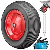 MASKO® PU Schubkarrenrad Vollgummi 200 kg 4.80/4.00-8 Ø 390mm Achse Ersatzrad Gummirad Stahlfelge Reifen pannensicher für Schubkarre Gartenkarren pannensicheres PU Rad inkl. Handschuhe, Schwarz/Rot