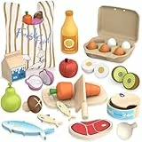 Kinderküche Zubehör Holz, Spielküche Zubehör, Obst und Gemüse Schneide Spielzeug Lebensmittel Holzspielzeug mit Tasche, Rollenspiel Lernspielzeug Jungen Mädchen ab 3 Jahre