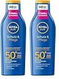 NIVEA SUN Schutz & Pflege Sonnenlotion LSF 50+, wasserfester Sonnenschutz mit Vitamin C & Hyaluron, schnell einziehende Sonnencreme für 48h Feuchtigkeit ohne weiße Rückstände (200 ml) (Packung mit 2)