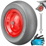 MASKO® PU Schubkarrenrad Vollgummi 200 kg 4.80/4.00-8 Ø 390mm Achse Ersatzrad Gummirad Stahlfelge Reifen pannensicher für Schubkarre Gartenkarren pannensicheres PU Rad inkl. Handschuhe, Grau/Rot